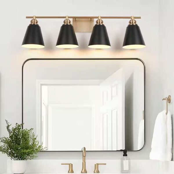 Modern 31.5 in. 4-Light Brushed Gold Vanity Light with Black Metal Shades