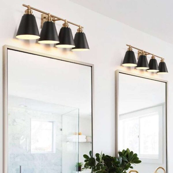 Modern 31.5 in. 4-Light Brushed Gold Vanity Light with Black Metal Shades