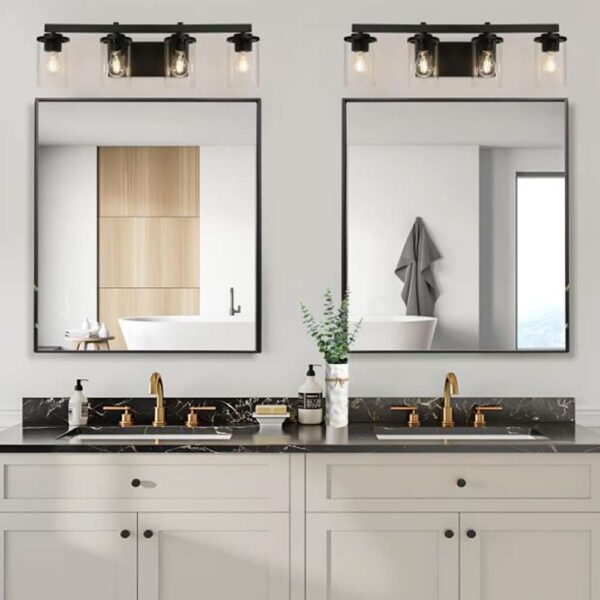 Modern 28 in. 4-Light Black Vanity Light Industrial Wall Sconce with Clear Glass Shades for Bathroom and Powder Room