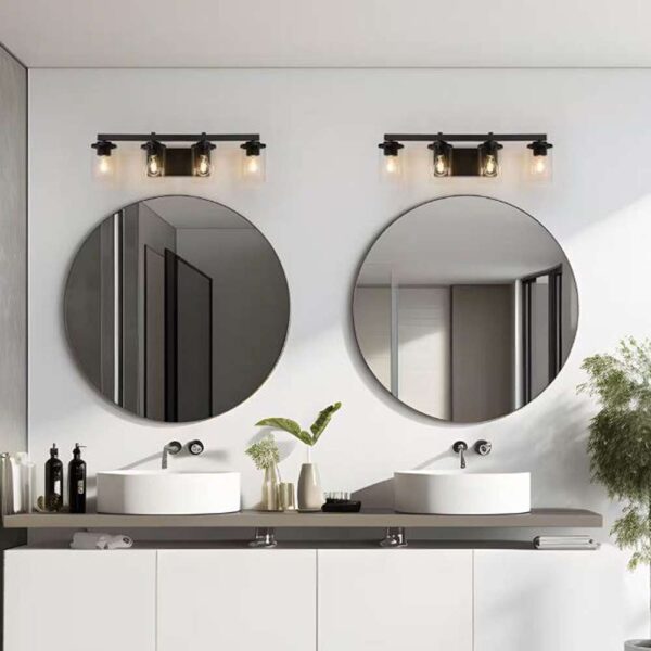 Modern 28 in. 4-Light Black Vanity Light Industrial Wall Sconce with Clear Glass Shades for Bathroom and Powder Room